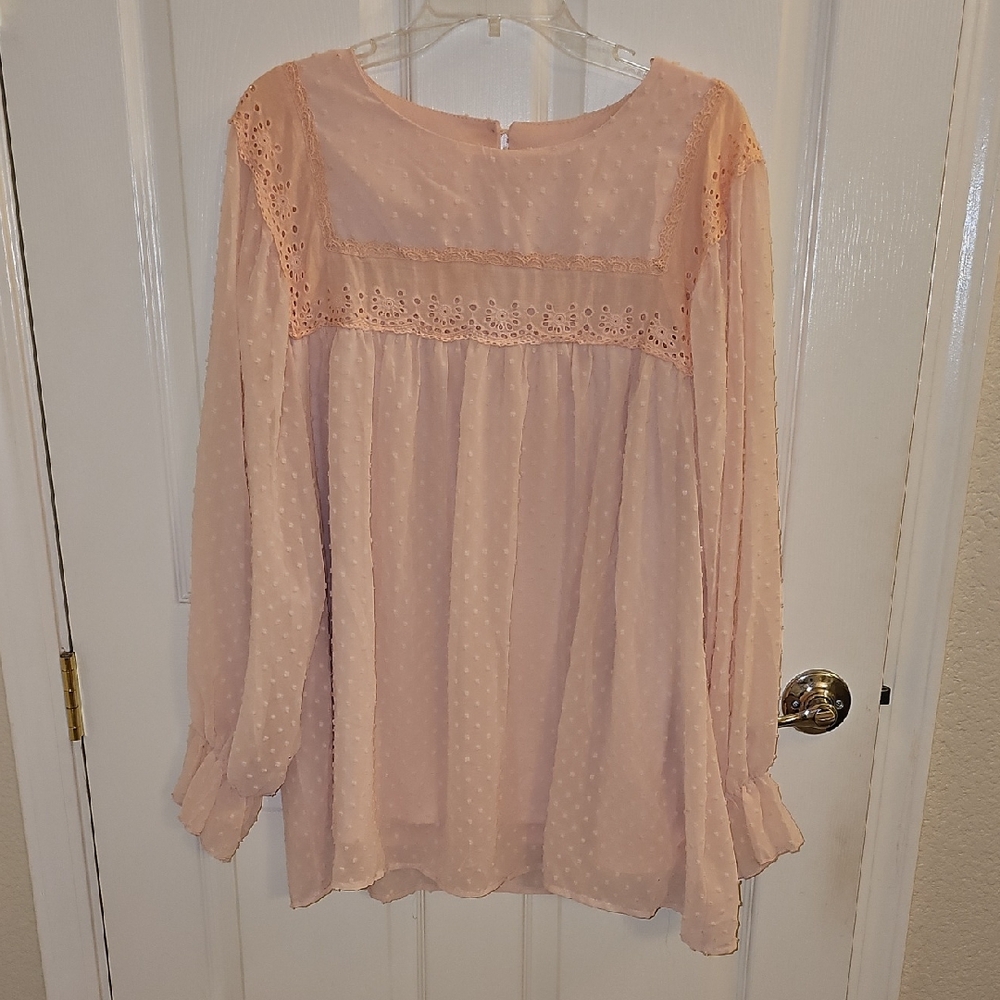 Boho Swiss Dot Lace Blouse Pink Sheer Long Sleeve - Plus Size 2X